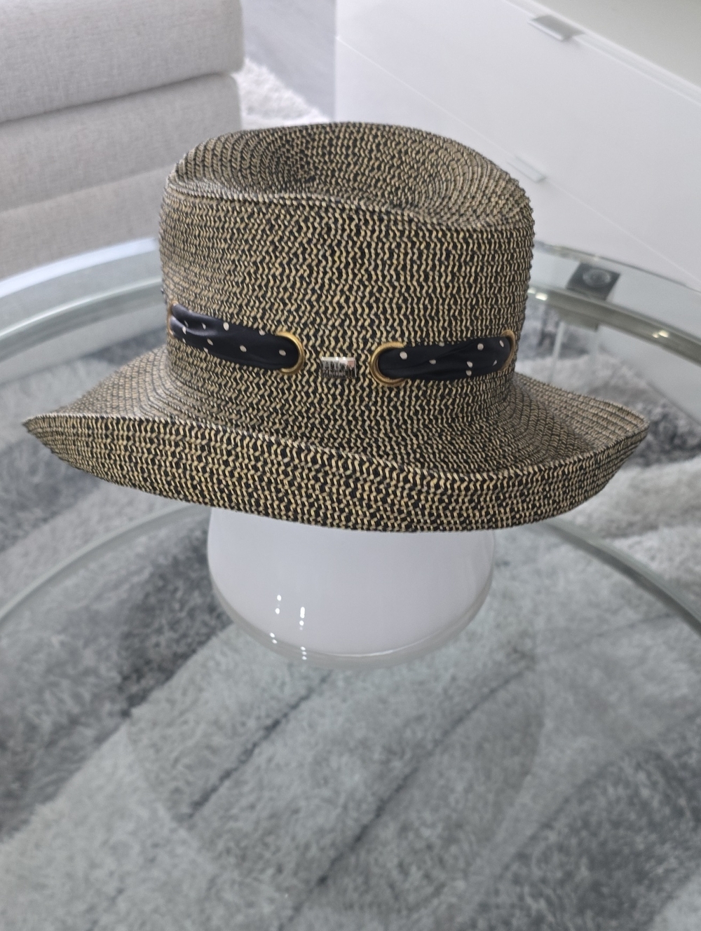 miami Black and Natural Woven Straw Hat with Polka Dot Band